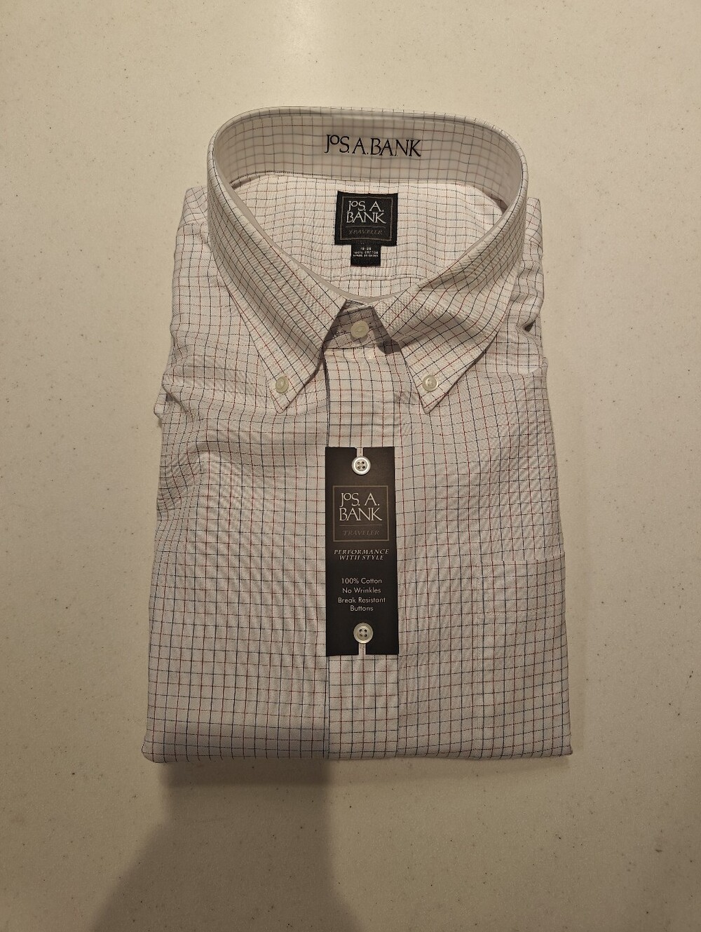 NWT Jos A Bank Mens White Red Blue Plaid Button Down Dress Shirt 19 35